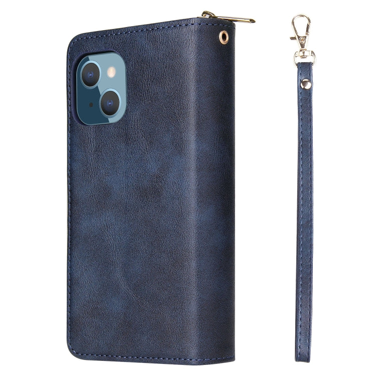 For iPhone 14 Plus 9 Card Slots Zipper Wallet Bag Leather Phone Case (Blue) - iPhone 14 Plus Cases by buy2fix | Online Shopping UK | buy2fix
