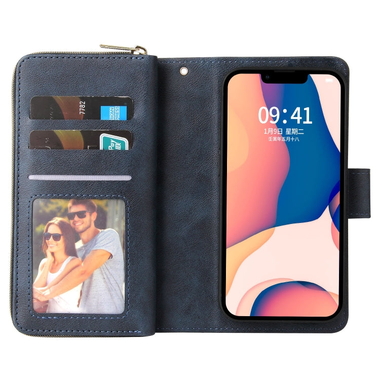 For iPhone 14 Plus 9 Card Slots Zipper Wallet Bag Leather Phone Case (Blue) - iPhone 14 Plus Cases by buy2fix | Online Shopping UK | buy2fix