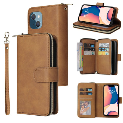 For iPhone 14 Plus 9 Card Slots Zipper Wallet Bag Leather Phone Case (Brown) - iPhone 14 Plus Cases by buy2fix | Online Shopping UK | buy2fix