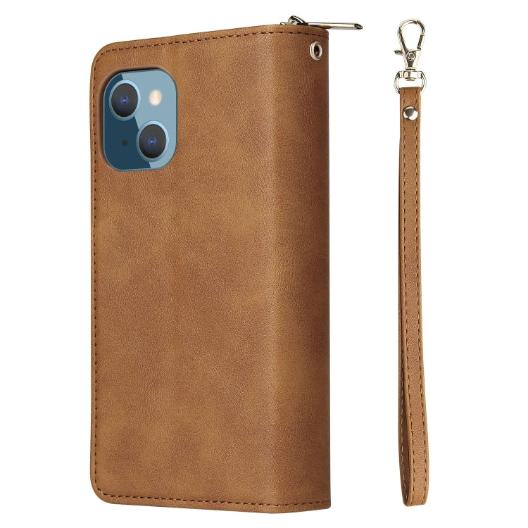 For iPhone 14 Plus 9 Card Slots Zipper Wallet Bag Leather Phone Case (Brown) - iPhone 14 Plus Cases by buy2fix | Online Shopping UK | buy2fix