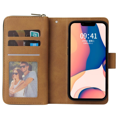 For iPhone 14 Plus 9 Card Slots Zipper Wallet Bag Leather Phone Case (Brown) - iPhone 14 Plus Cases by buy2fix | Online Shopping UK | buy2fix
