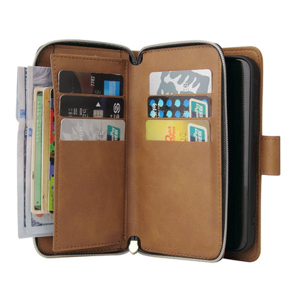 For iPhone 14 Plus 9 Card Slots Zipper Wallet Bag Leather Phone Case (Brown) - iPhone 14 Plus Cases by buy2fix | Online Shopping UK | buy2fix