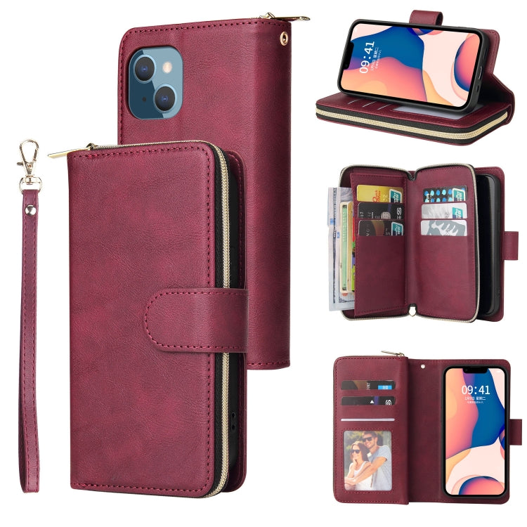 For iPhone 14 Plus 9 Card Slots Zipper Wallet Bag Leather Phone Case (Wine Red) - iPhone 14 Plus Cases by buy2fix | Online Shopping UK | buy2fix