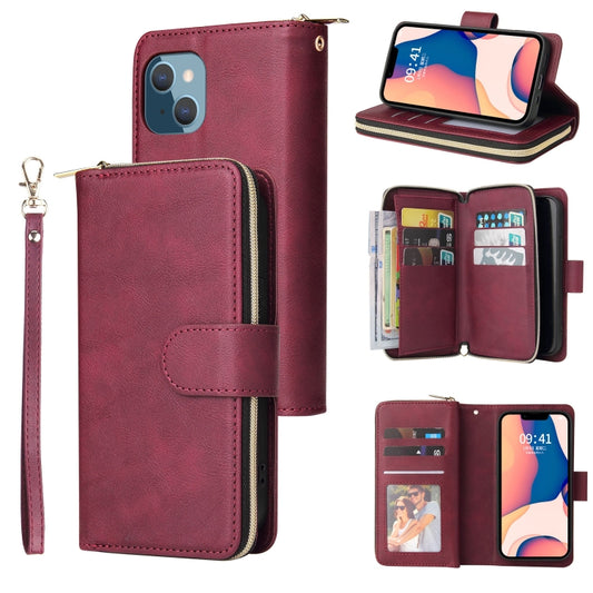 For iPhone 14 Plus 9 Card Slots Zipper Wallet Bag Leather Phone Case (Wine Red) - iPhone 14 Plus Cases by buy2fix | Online Shopping UK | buy2fix