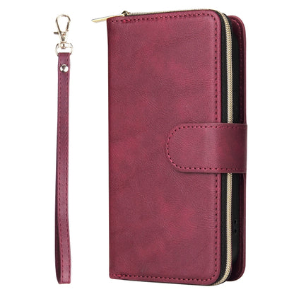 For iPhone 14 Plus 9 Card Slots Zipper Wallet Bag Leather Phone Case (Wine Red) - iPhone 14 Plus Cases by buy2fix | Online Shopping UK | buy2fix