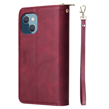 For iPhone 14 Plus 9 Card Slots Zipper Wallet Bag Leather Phone Case (Wine Red) - iPhone 14 Plus Cases by buy2fix | Online Shopping UK | buy2fix