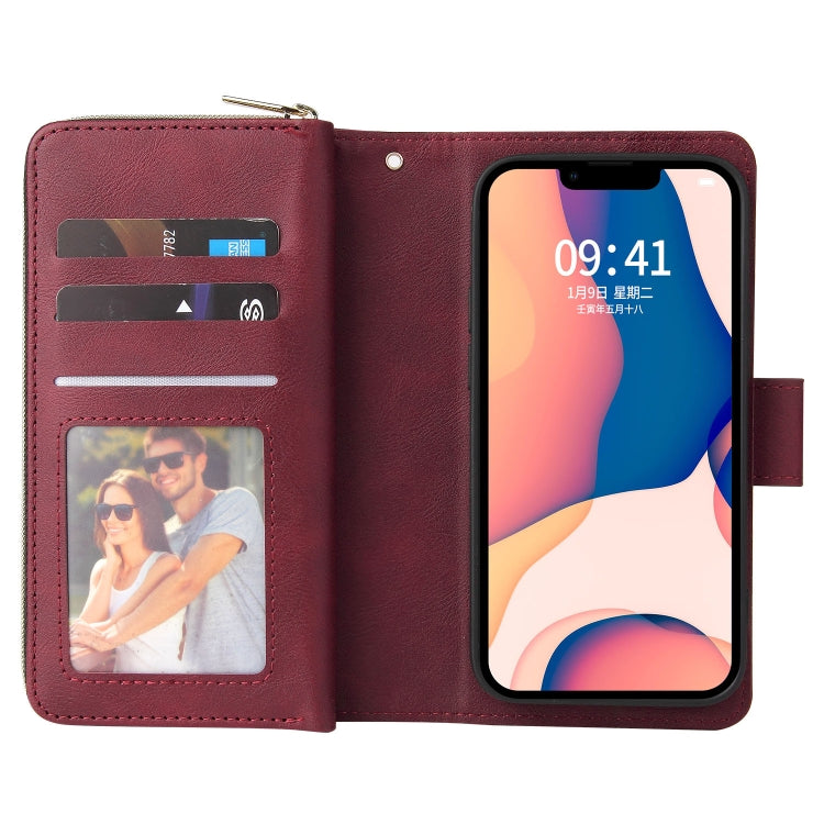 For iPhone 14 Plus 9 Card Slots Zipper Wallet Bag Leather Phone Case (Wine Red) - iPhone 14 Plus Cases by buy2fix | Online Shopping UK | buy2fix