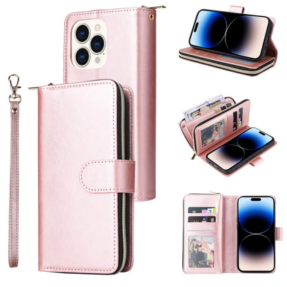 For iPhone 14 Pro 9 Card Slots Zipper Wallet Bag Leather Phone Case(Rose Gold) - iPhone 14 Pro Cases by buy2fix | Online Shopping UK | buy2fix