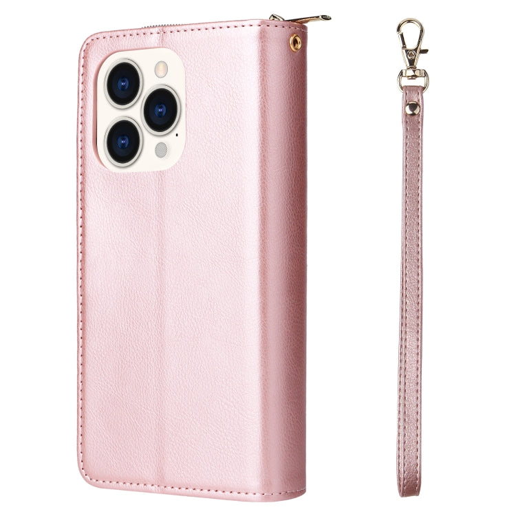 For iPhone 14 Pro 9 Card Slots Zipper Wallet Bag Leather Phone Case(Rose Gold) - iPhone 14 Pro Cases by buy2fix | Online Shopping UK | buy2fix