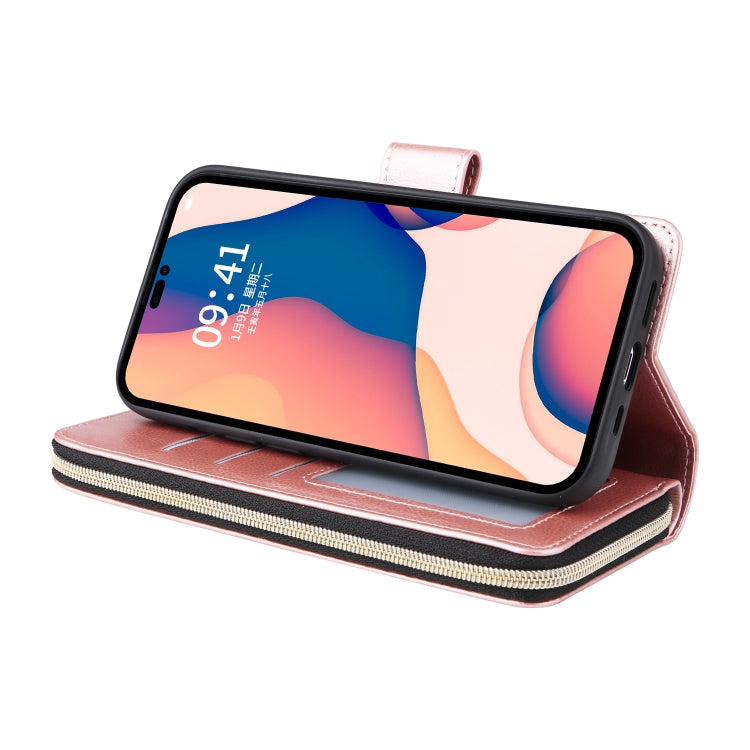 For iPhone 14 Pro 9 Card Slots Zipper Wallet Bag Leather Phone Case(Rose Gold) - iPhone 14 Pro Cases by buy2fix | Online Shopping UK | buy2fix