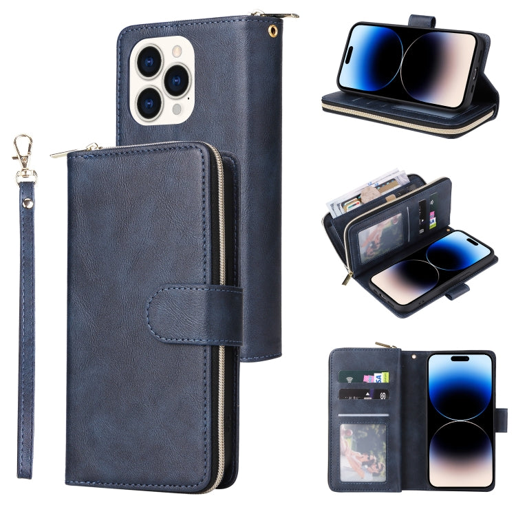 For iPhone 14 Pro 9 Card Slots Zipper Wallet Bag Leather Phone Case(Blue) - iPhone 14 Pro Cases by buy2fix | Online Shopping UK | buy2fix