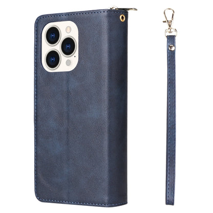 For iPhone 14 Pro 9 Card Slots Zipper Wallet Bag Leather Phone Case(Blue) - iPhone 14 Pro Cases by buy2fix | Online Shopping UK | buy2fix