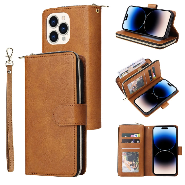 For iPhone 14 Pro 9 Card Slots Zipper Wallet Bag Leather Phone Case(Brown) - iPhone 14 Pro Cases by buy2fix | Online Shopping UK | buy2fix