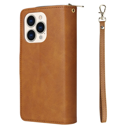 For iPhone 14 Pro 9 Card Slots Zipper Wallet Bag Leather Phone Case(Brown) - iPhone 14 Pro Cases by buy2fix | Online Shopping UK | buy2fix