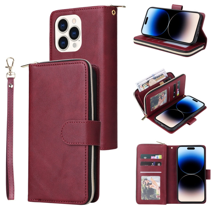 For iPhone 14 Pro 9 Card Slots Zipper Wallet Bag Leather Phone Case(Wine Red) - iPhone 14 Pro Cases by buy2fix | Online Shopping UK | buy2fix