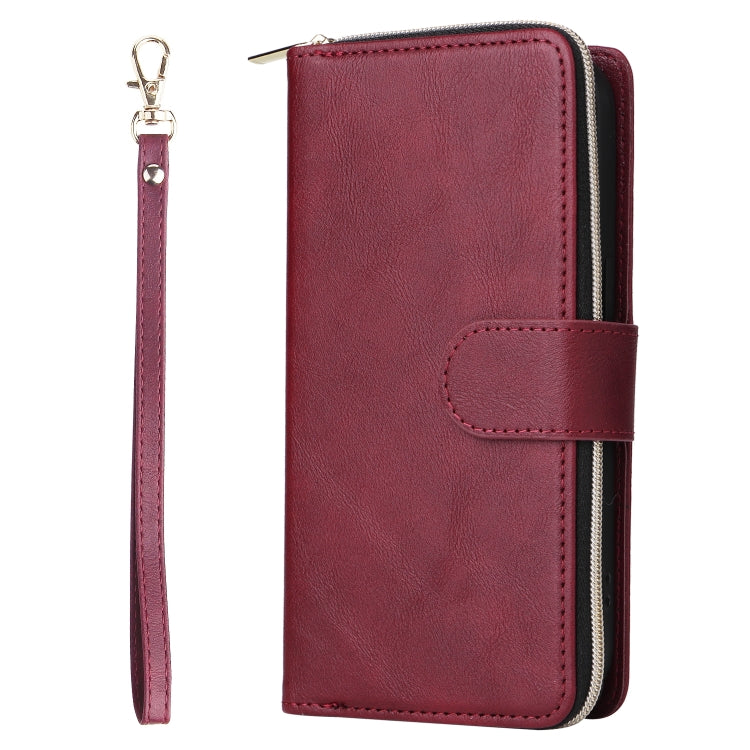 For iPhone 14 Pro 9 Card Slots Zipper Wallet Bag Leather Phone Case(Wine Red) - iPhone 14 Pro Cases by buy2fix | Online Shopping UK | buy2fix