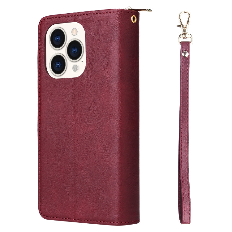 For iPhone 14 Pro 9 Card Slots Zipper Wallet Bag Leather Phone Case(Wine Red) - iPhone 14 Pro Cases by buy2fix | Online Shopping UK | buy2fix