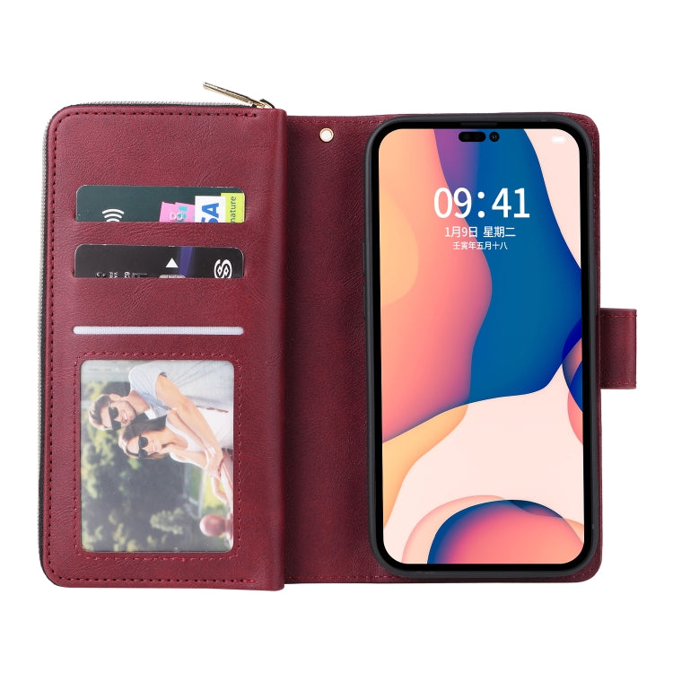 For iPhone 14 Pro 9 Card Slots Zipper Wallet Bag Leather Phone Case(Wine Red) - iPhone 14 Pro Cases by buy2fix | Online Shopping UK | buy2fix
