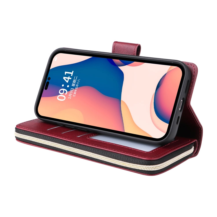 For iPhone 14 Pro 9 Card Slots Zipper Wallet Bag Leather Phone Case(Wine Red) - iPhone 14 Pro Cases by buy2fix | Online Shopping UK | buy2fix