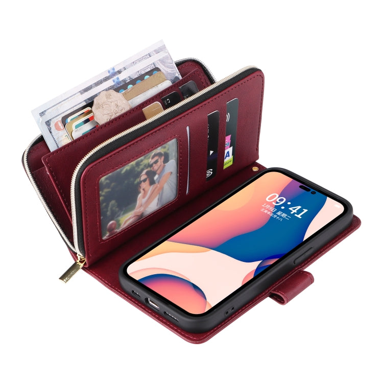 For iPhone 14 Pro 9 Card Slots Zipper Wallet Bag Leather Phone Case(Wine Red) - iPhone 14 Pro Cases by buy2fix | Online Shopping UK | buy2fix