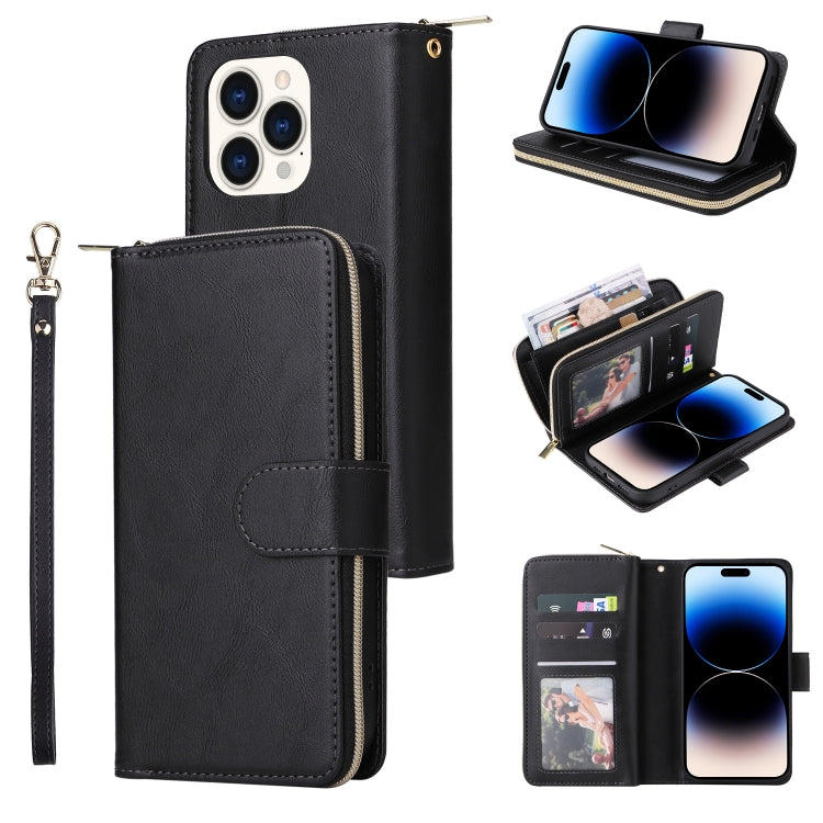 For iPhone 14 Pro Max 9 Card Slots Zipper Wallet Bag Leather Phone Case (Black) - iPhone 14 Pro Max Cases by buy2fix | Online Shopping UK | buy2fix