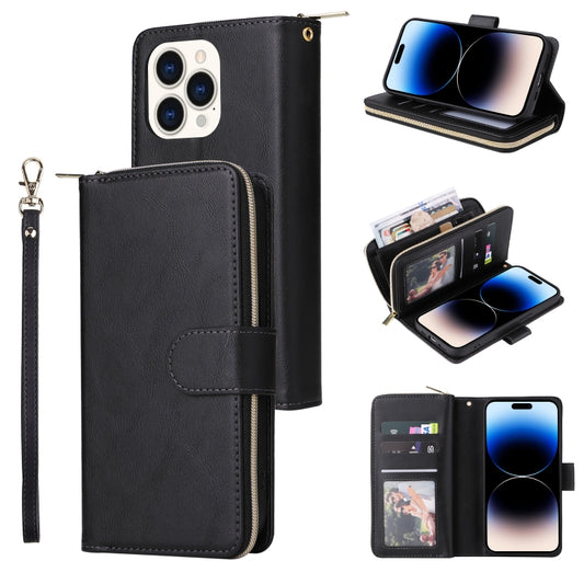 For iPhone 14 Pro Max 9 Card Slots Zipper Wallet Bag Leather Phone Case (Black) - iPhone 14 Pro Max Cases by buy2fix | Online Shopping UK | buy2fix