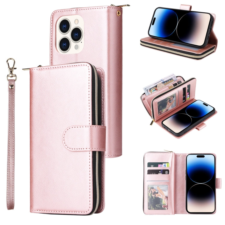 For iPhone 14 Pro Max 9 Card Slots Zipper Wallet Bag Leather Phone Case (Rose Gold) - iPhone 14 Pro Max Cases by buy2fix | Online Shopping UK | buy2fix