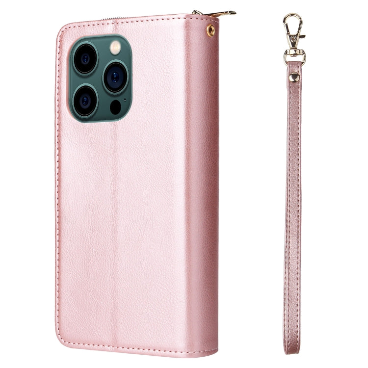 For iPhone 14 Pro Max 9 Card Slots Zipper Wallet Bag Leather Phone Case (Rose Gold) - iPhone 14 Pro Max Cases by buy2fix | Online Shopping UK | buy2fix