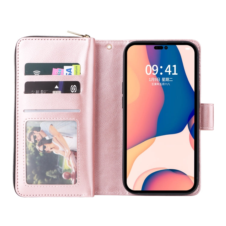 For iPhone 14 Pro Max 9 Card Slots Zipper Wallet Bag Leather Phone Case (Rose Gold) - iPhone 14 Pro Max Cases by buy2fix | Online Shopping UK | buy2fix
