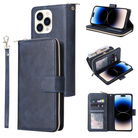 For iPhone 14 Pro Max 9 Card Slots Zipper Wallet Bag Leather Phone Case (Blue) - iPhone 14 Pro Max Cases by buy2fix | Online Shopping UK | buy2fix