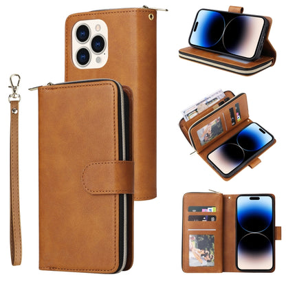 For iPhone 14 Pro Max 9 Card Slots Zipper Wallet Bag Leather Phone Case (Brown) - iPhone 14 Pro Max Cases by buy2fix | Online Shopping UK | buy2fix
