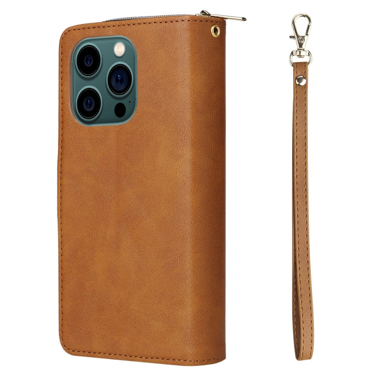 For iPhone 14 Pro Max 9 Card Slots Zipper Wallet Bag Leather Phone Case (Brown) - iPhone 14 Pro Max Cases by buy2fix | Online Shopping UK | buy2fix