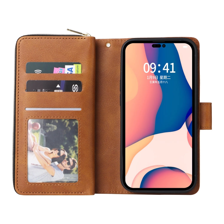 For iPhone 14 Pro Max 9 Card Slots Zipper Wallet Bag Leather Phone Case (Brown) - iPhone 14 Pro Max Cases by buy2fix | Online Shopping UK | buy2fix