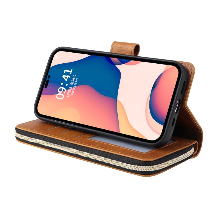 For iPhone 14 Pro Max 9 Card Slots Zipper Wallet Bag Leather Phone Case (Brown) - iPhone 14 Pro Max Cases by buy2fix | Online Shopping UK | buy2fix