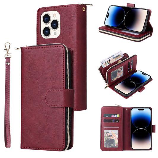 For iPhone 14 Pro Max 9 Card Slots Zipper Wallet Bag Leather Phone Case (Wine Red) - iPhone 14 Pro Max Cases by buy2fix | Online Shopping UK | buy2fix