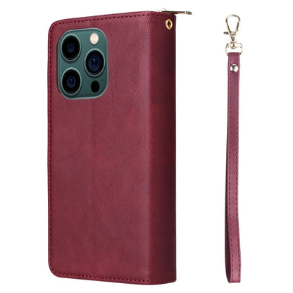 For iPhone 14 Pro Max 9 Card Slots Zipper Wallet Bag Leather Phone Case (Wine Red) - iPhone 14 Pro Max Cases by buy2fix | Online Shopping UK | buy2fix