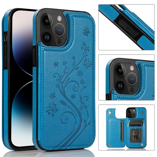 For iPhone 14 Pro Max Butterflies Flowers Double Buckle Case (Blue)