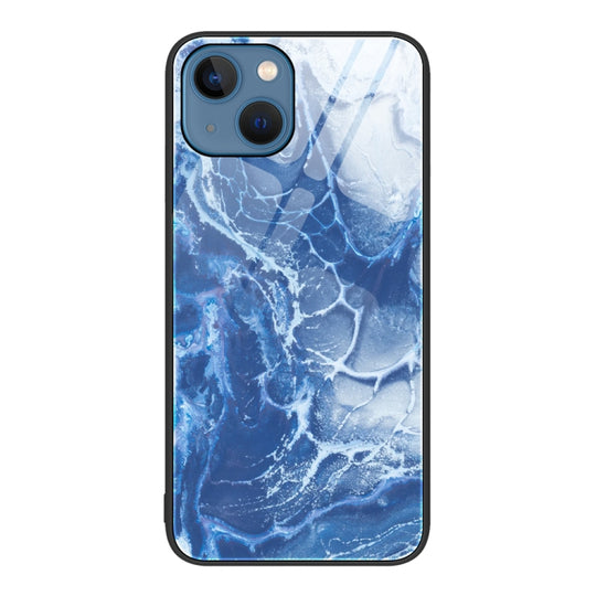 For iPhone 14 Marble Pattern Glass Protective Phone Case (Blue Ocean)