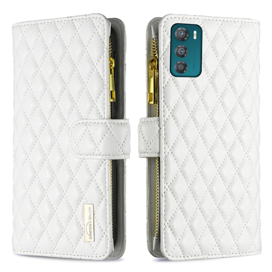 For Motorola Moto G42 4G Diamond Lattice Zipper Wallet Leather Flip Phone Case(White)