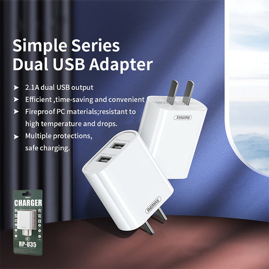 REMAX Jane Series RP-U35 2.1A Dual USB Port Charger, Specification:EU Plug(White) by REMAX