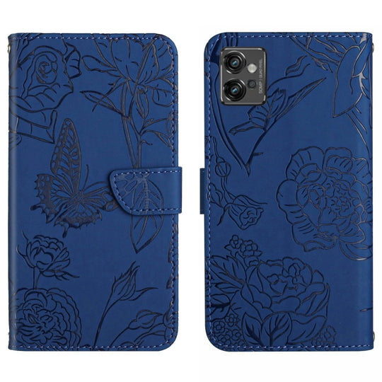 For Motorola Moto G32 HT03 Skin Feel Butterfly Embossed Flip Leather Phone Case(Blue)