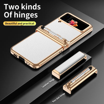 For Samsung Galaxy Z Flip3 5G Litchi Texture Leather Hinged Electroplated Phone Case with Pen(Gold White) - Galaxy Phone Cases by buy2fix | Online Shopping UK | buy2fix