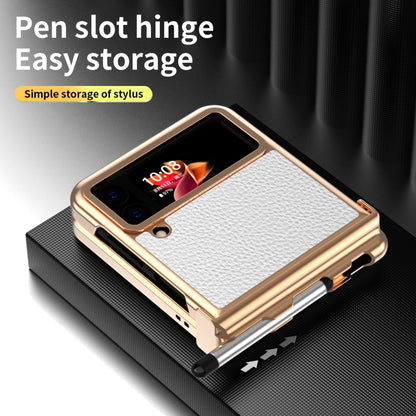 For Samsung Galaxy Z Flip3 5G Litchi Texture Leather Hinged Electroplated Phone Case with Pen(Gold White) - Galaxy Phone Cases by buy2fix | Online Shopping UK | buy2fix