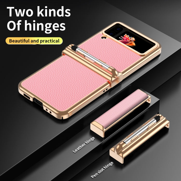 For Samsung Galaxy Z Flip3 5G Litchi Texture Leather Hinged Electroplated Phone Case with Pen(Gold Pink) - Galaxy Phone Cases by buy2fix | Online Shopping UK | buy2fix