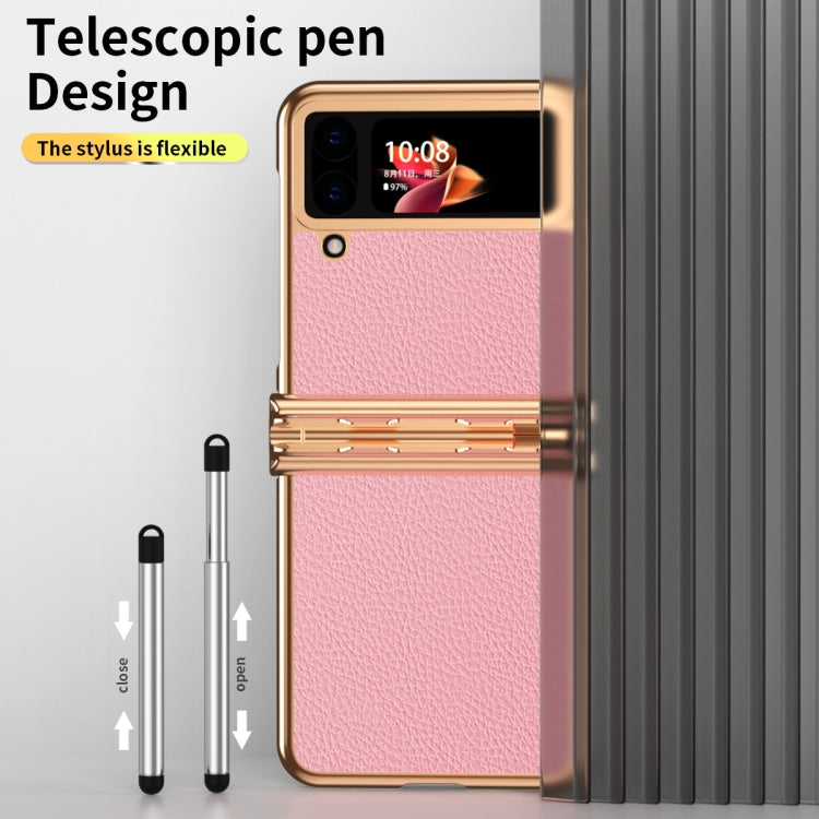 For Samsung Galaxy Z Flip3 5G Litchi Texture Leather Hinged Electroplated Phone Case with Pen(Gold Pink) - Galaxy Phone Cases by buy2fix | Online Shopping UK | buy2fix