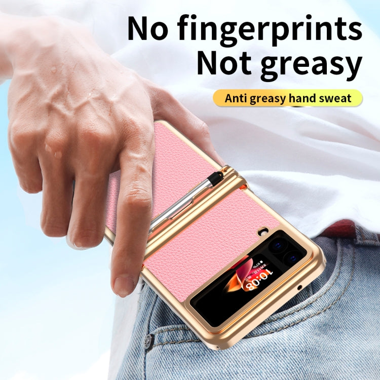 For Samsung Galaxy Z Flip3 5G Litchi Texture Leather Hinged Electroplated Phone Case with Pen(Gold Pink) - Galaxy Phone Cases by buy2fix | Online Shopping UK | buy2fix
