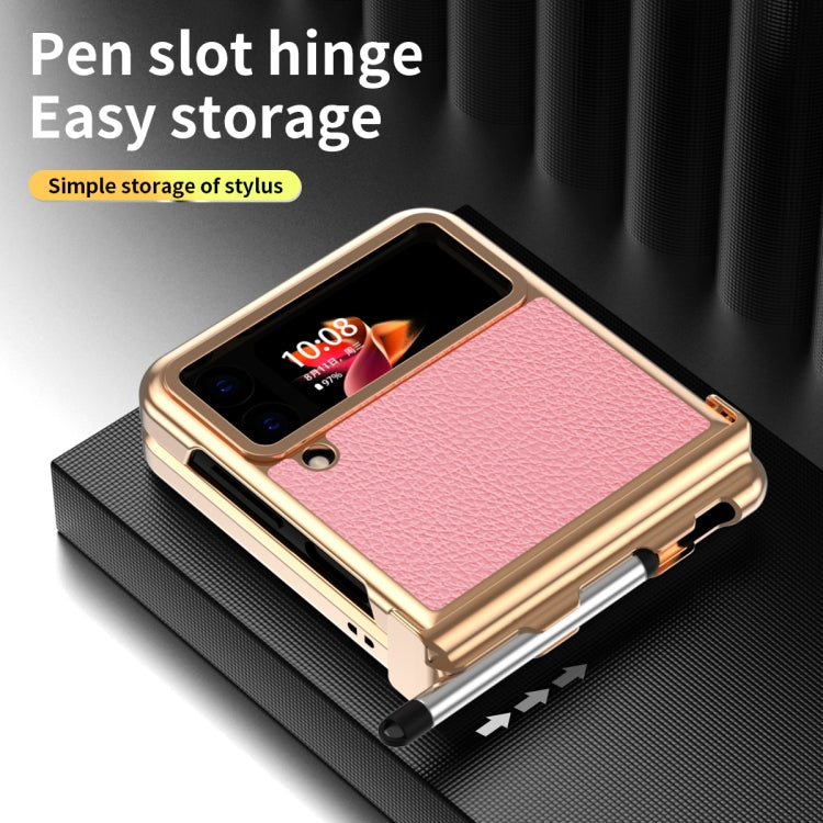 For Samsung Galaxy Z Flip3 5G Litchi Texture Leather Hinged Electroplated Phone Case with Pen(Gold Pink) - Galaxy Phone Cases by buy2fix | Online Shopping UK | buy2fix