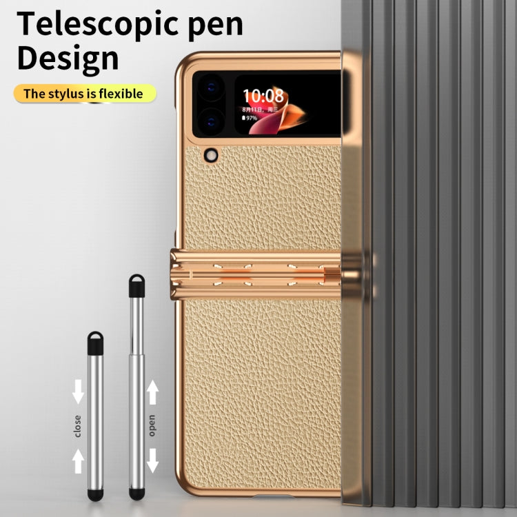 For Samsung Galaxy Z Flip3 5G Litchi Texture Leather Hinged Electroplated Phone Case with Pen(Gold) - Galaxy Phone Cases by buy2fix | Online Shopping UK | buy2fix