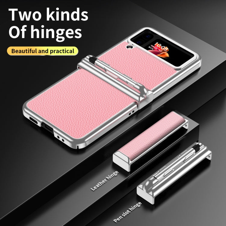 For Samsung Galaxy Z Flip3 5G Litchi Texture Leather Hinged Electroplated Phone Case with Pen(Silver Pink) - Galaxy Phone Cases by buy2fix | Online Shopping UK | buy2fix