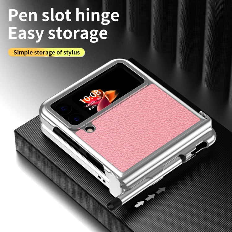 For Samsung Galaxy Z Flip3 5G Litchi Texture Leather Hinged Electroplated Phone Case with Pen(Silver Pink) - Galaxy Phone Cases by buy2fix | Online Shopping UK | buy2fix